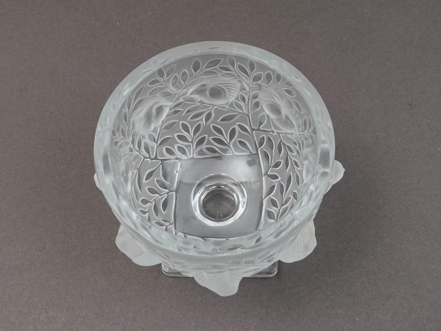 Lalique France Elisabeth Sparrow Birds Frosted Crystal Compote Footed Bowl Vase
