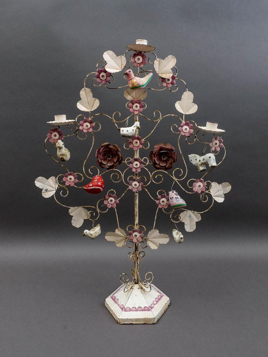 Mexican Vintage Folk Art Tree Of Life Toleware Metal Candelabra Sculpture 24"