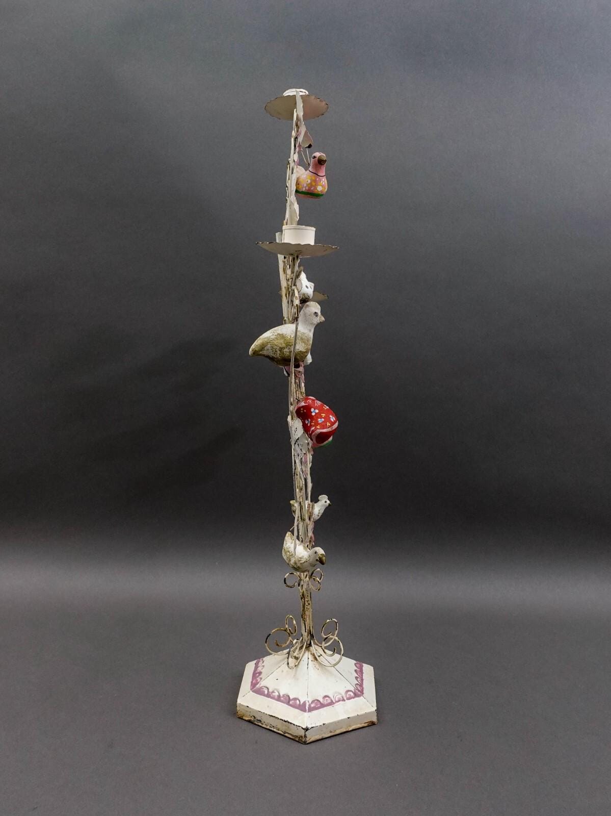 Mexican Vintage Folk Art Tree Of Life Toleware Metal Candelabra Sculpture 24"