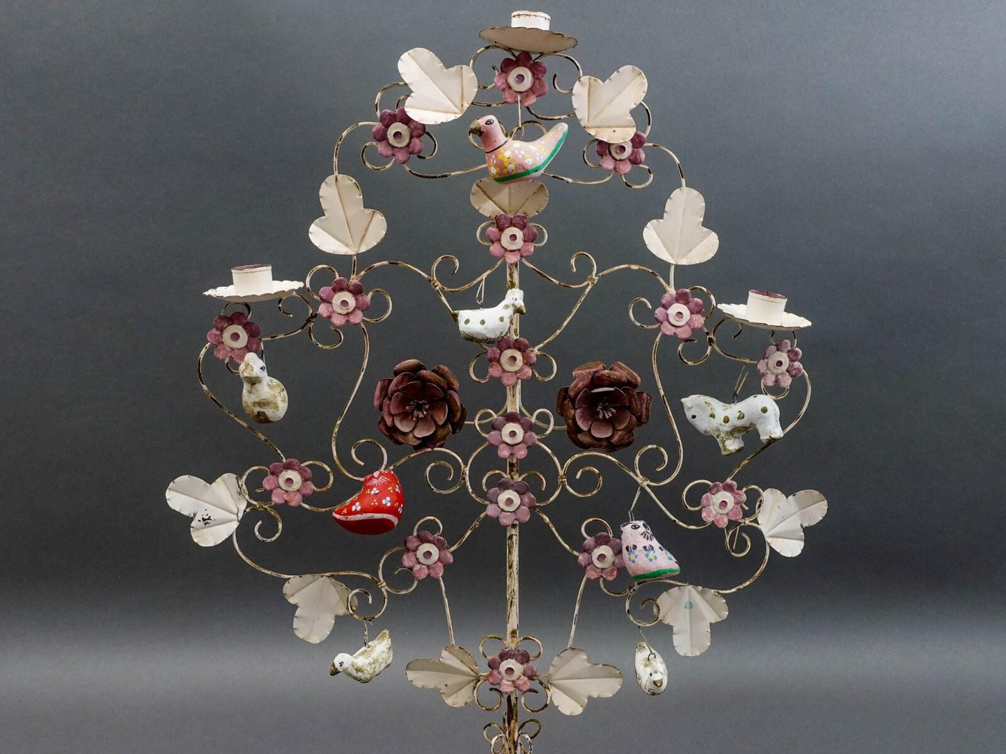 Mexican Vintage Folk Art Tree Of Life Toleware Metal Candelabra Sculpture 24"