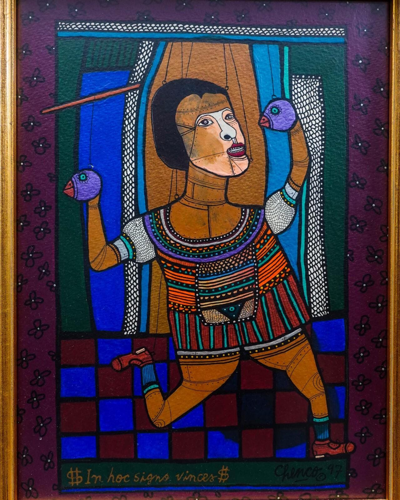 Chenco Columbian Artist "In Hoc Signo Vinces" Acrylic On Paper Painting 1997