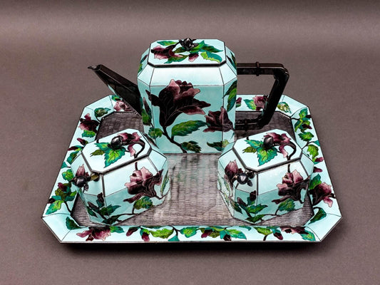 Vintage Korean .999 Fine Silver Cloisonne Enameled Floral Tea Service Set