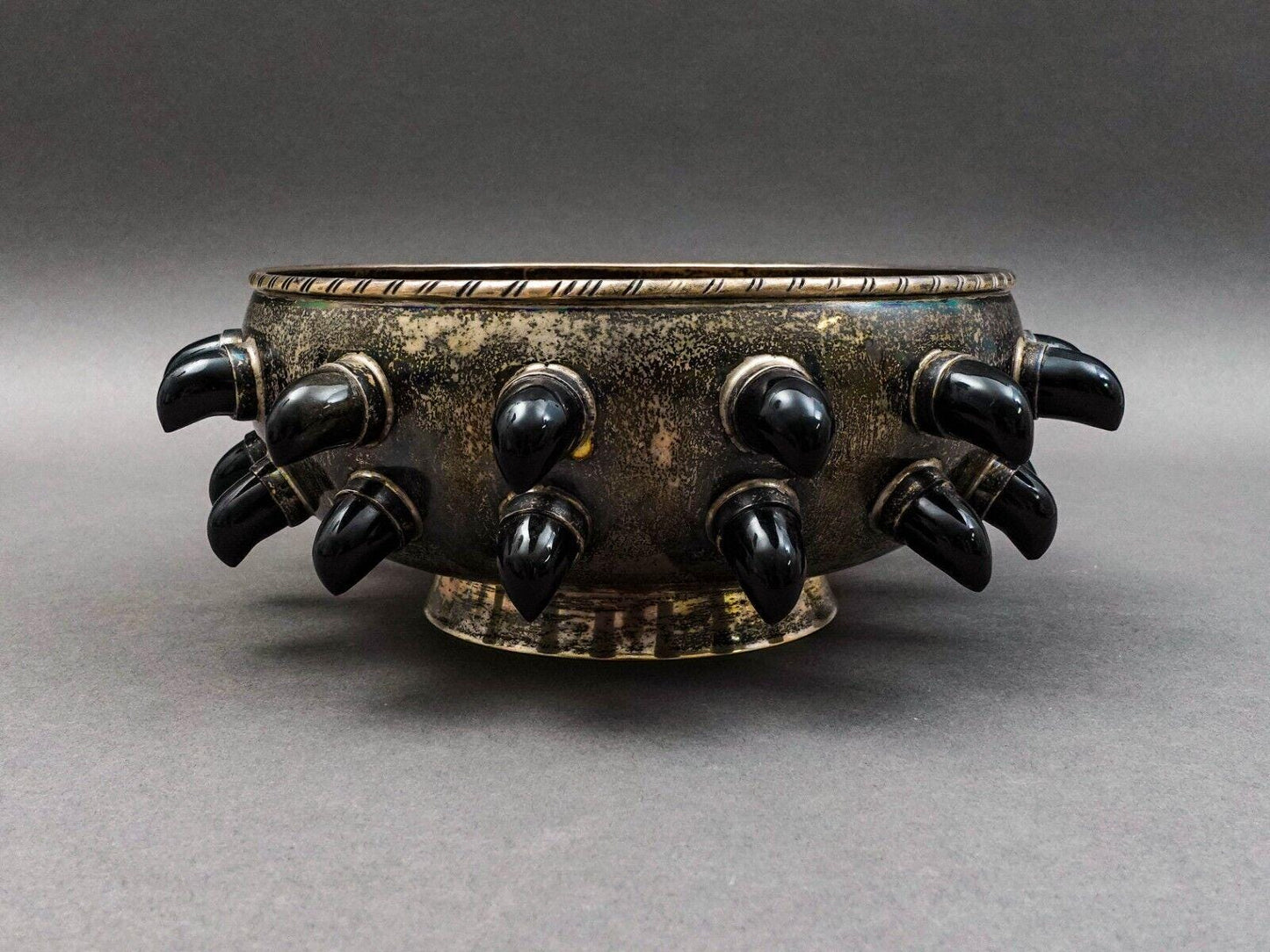 Tane Mexico Mid Century Modern Sterling Silver Carved Obsidian Centerpiece Bowl
