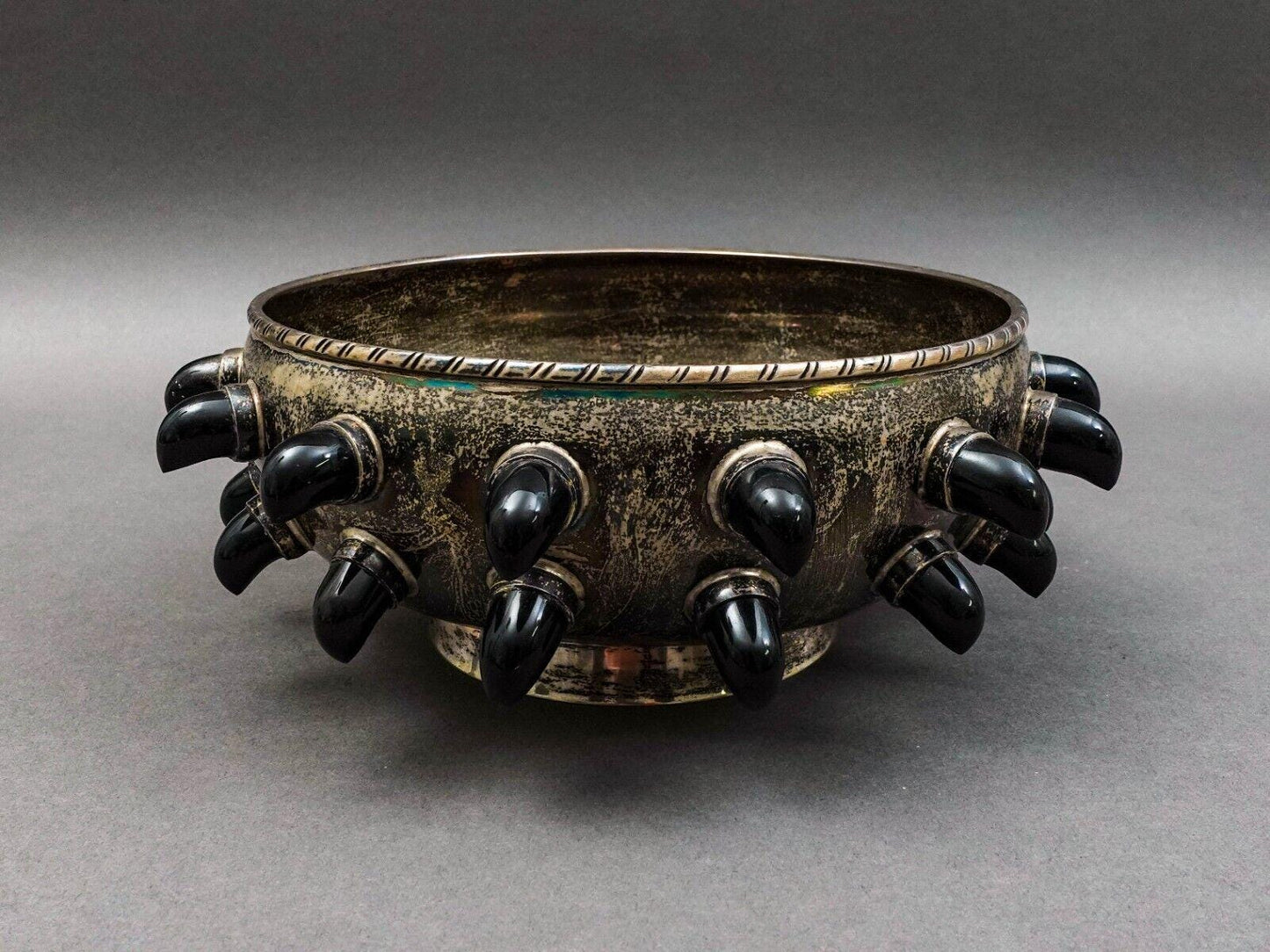 Tane Mexico Mid Century Modern Sterling Silver Carved Obsidian Centerpiece Bowl