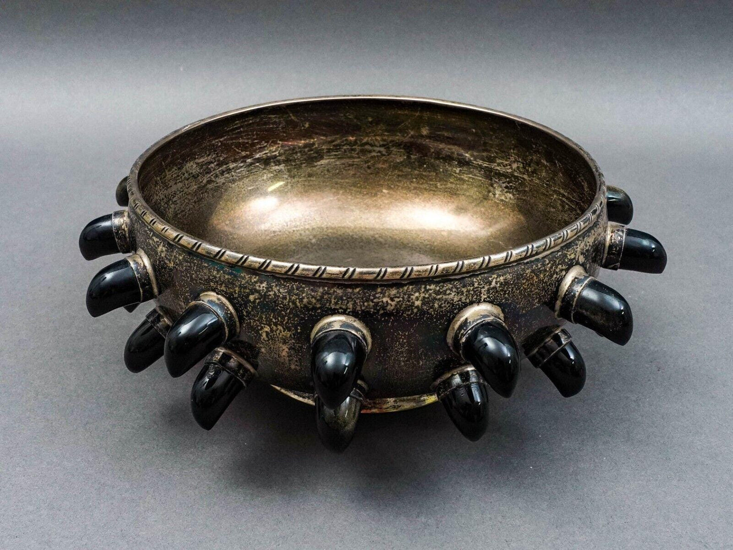 Tane Mexico Mid Century Modern Sterling Silver Carved Obsidian Centerpiece Bowl