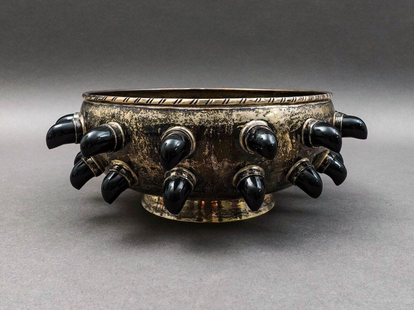 Tane Mexico Mid Century Modern Sterling Silver Carved Obsidian Centerpiece Bowl