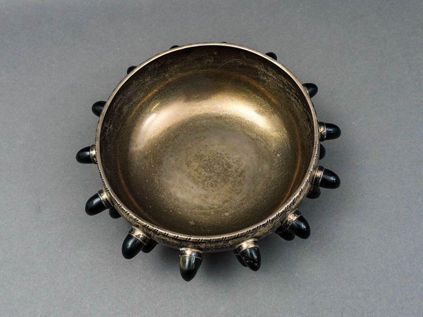 Tane Mexico Mid Century Modern Sterling Silver Carved Obsidian Centerpiece Bowl