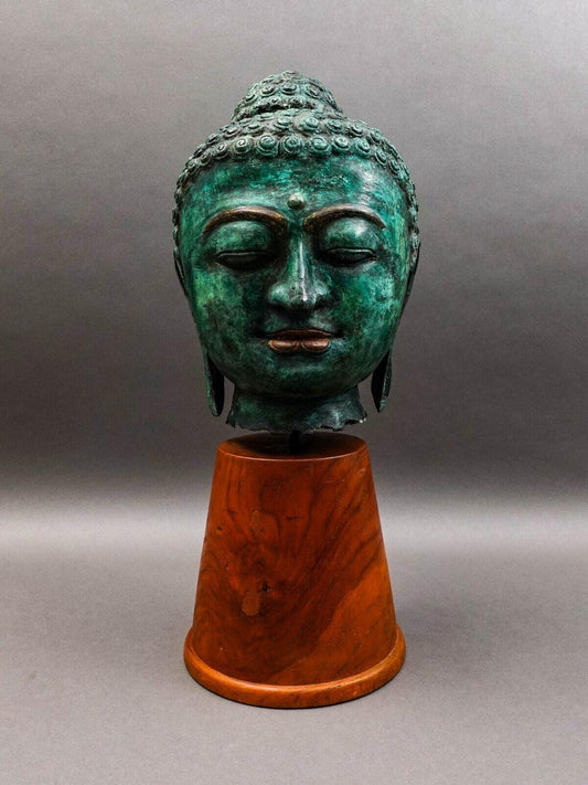 Southeast Asian Thai Large Lifesize Bronze Head Of Buddha On Wood Base Sculpture