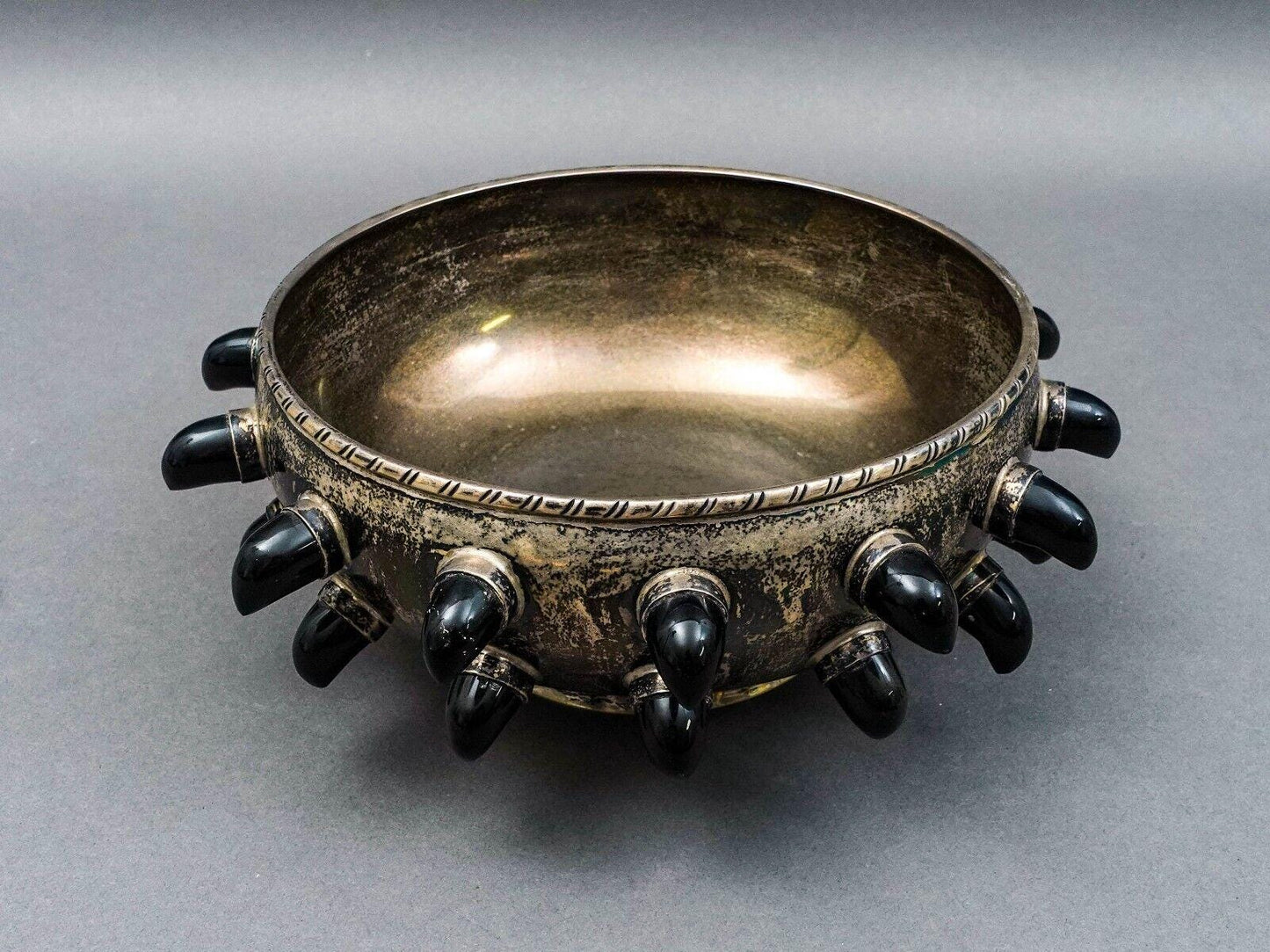 Tane Mexico Mid Century Modern Sterling Silver Carved Obsidian Centerpiece Bowl