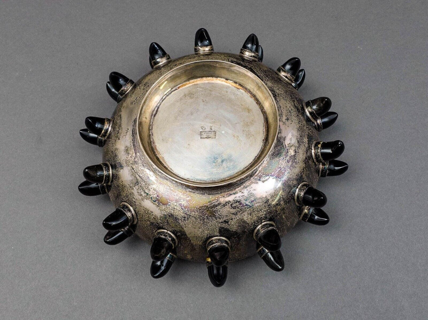 Tane Mexico Mid Century Modern Sterling Silver Carved Obsidian Centerpiece Bowl