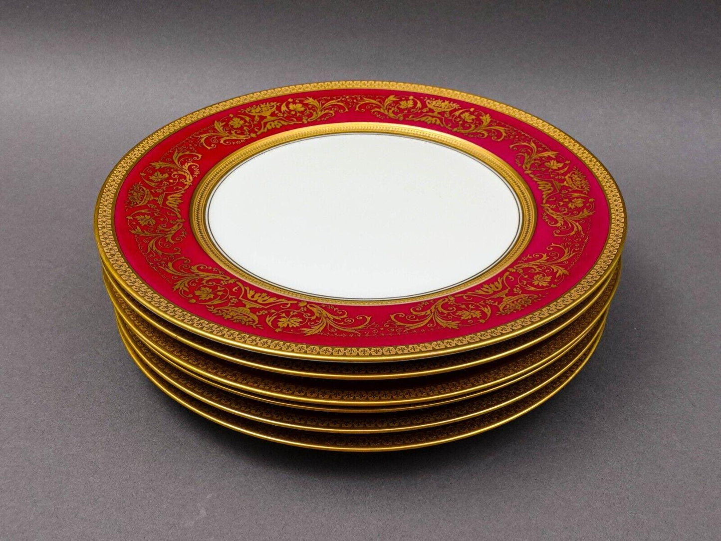 Puls Czech Fuchsia Gold Encrusted Porcelain 10 3/4" Dinner Plate Set Of 6