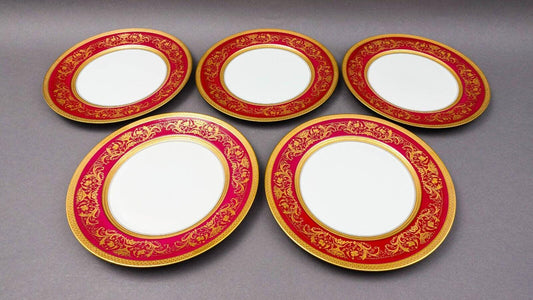 Puls Czech Fuchsia Gold Encrusted Porcelain 10 3/4" Dinner Plate Set Of 5