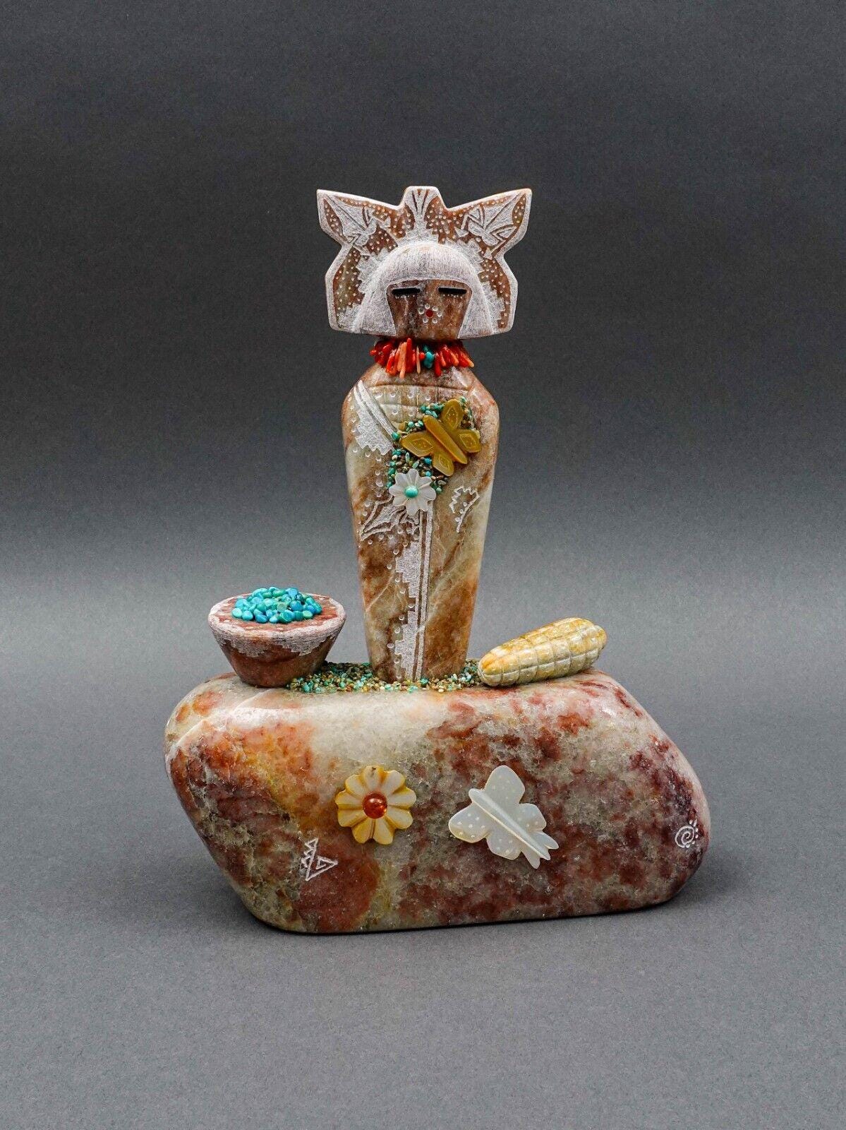 Andy Abeita Isleta Alabaster Coral Turquoise Corn Maiden Fetish Totem Sculpture