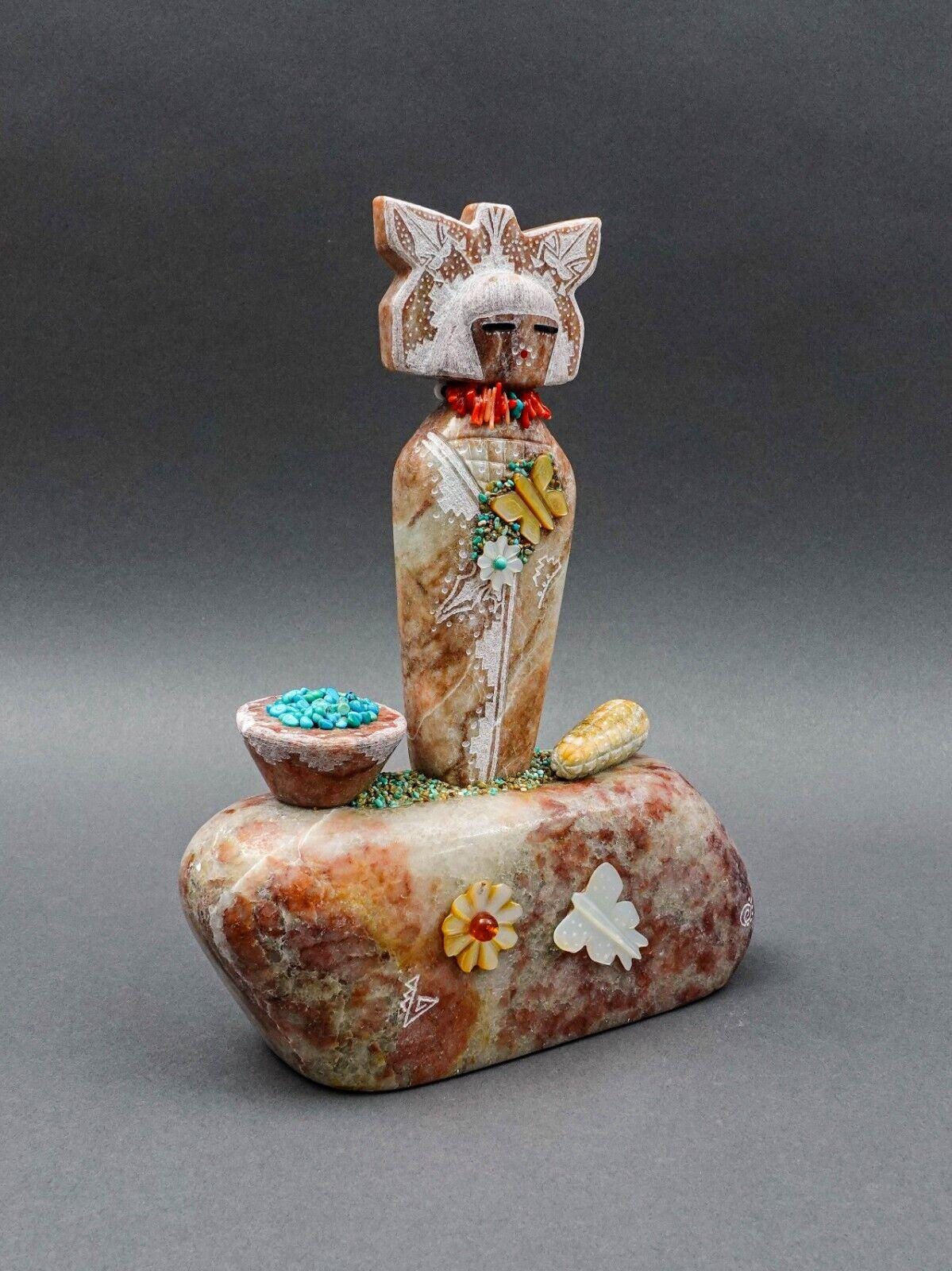 Andy Abeita Isleta Alabaster Coral Turquoise Corn Maiden Fetish Totem Sculpture
