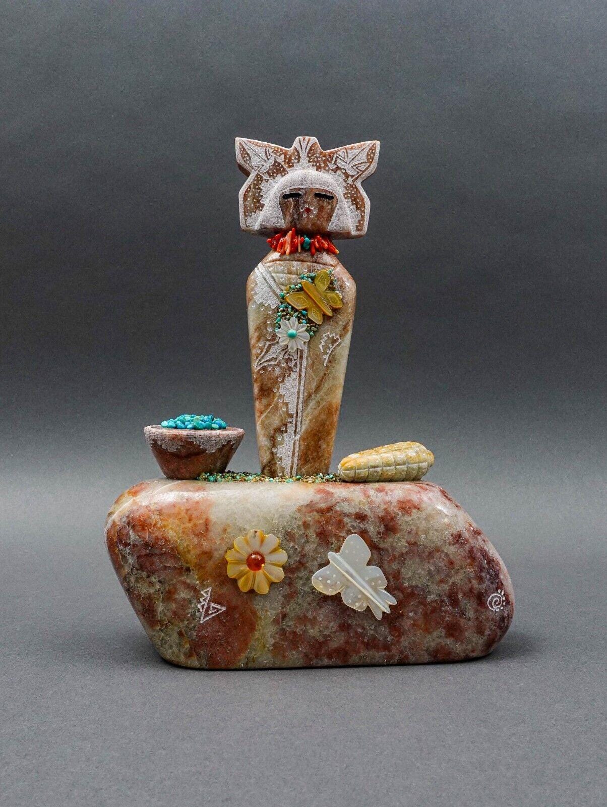 Andy Abeita Isleta Alabaster Coral Turquoise Corn Maiden Fetish Totem Sculpture