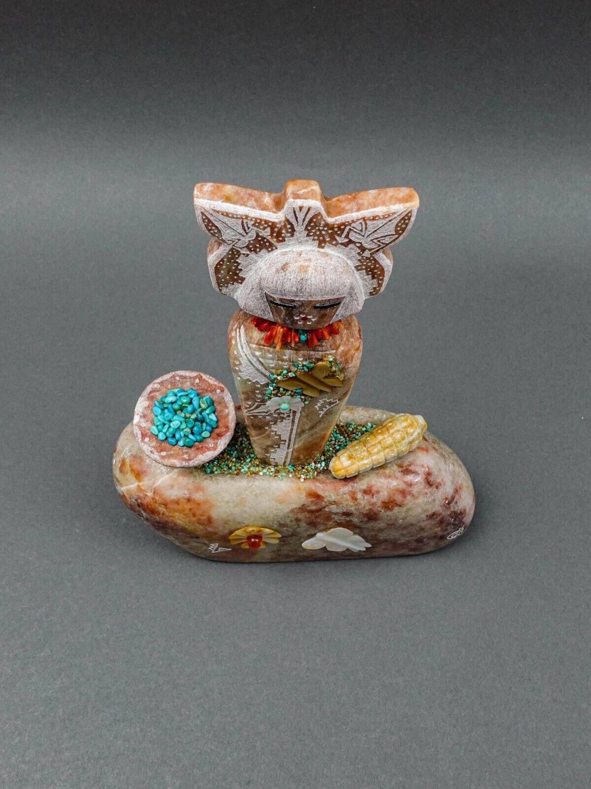 Andy Abeita Isleta Alabaster Coral Turquoise Corn Maiden Fetish Totem Sculpture