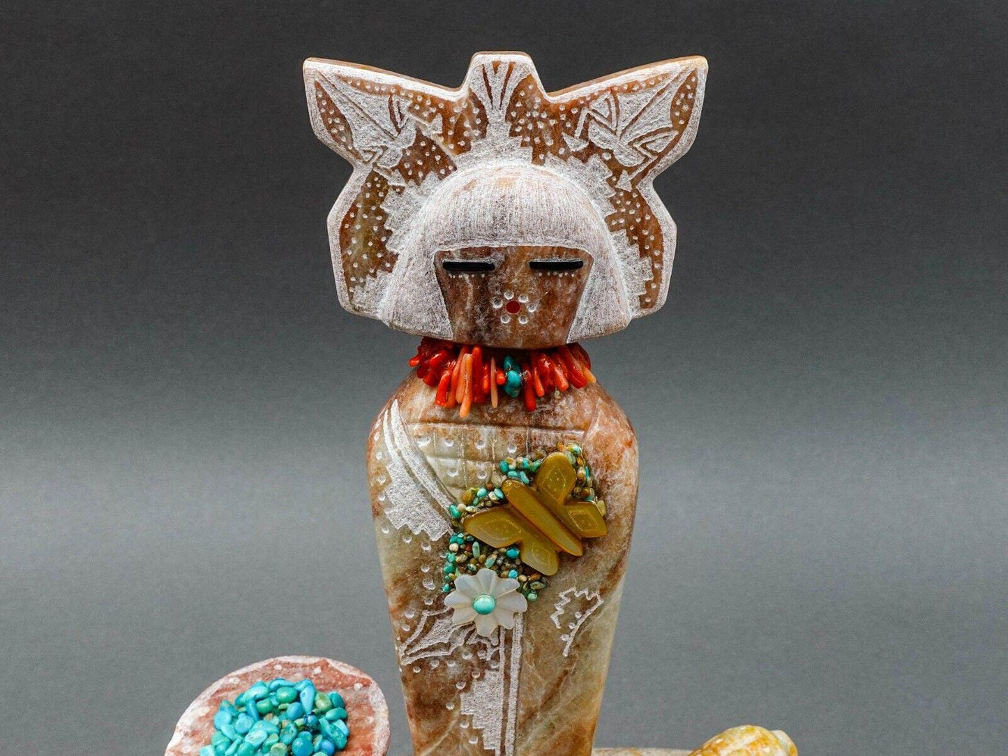 Andy Abeita Isleta Alabaster Coral Turquoise Corn Maiden Fetish Totem Sculpture