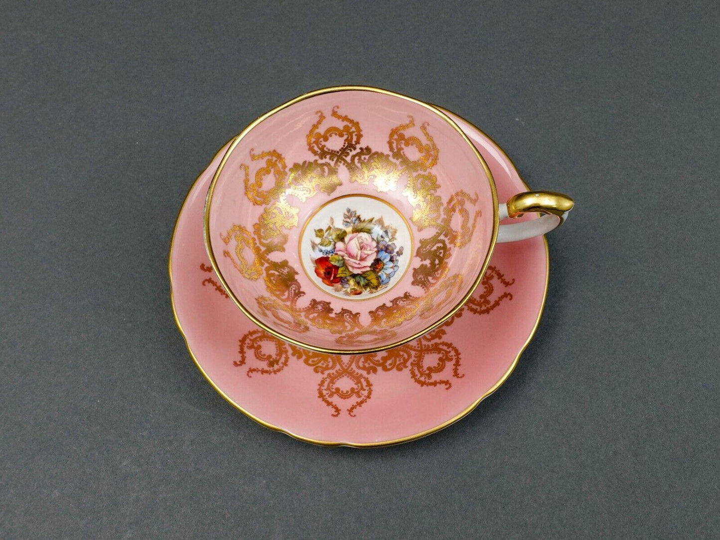 Aynsley England JA Bailey Signed Cabbage Rose Pink Bone China Tea Cup & Saucer