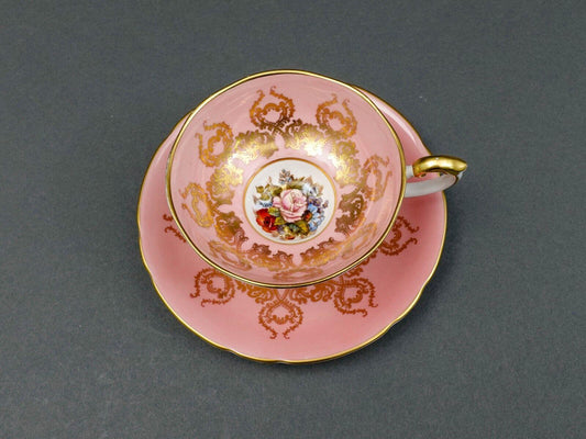 Aynsley England JA Bailey Signed Cabbage Rose Pink Bone China Tea Cup & Saucer