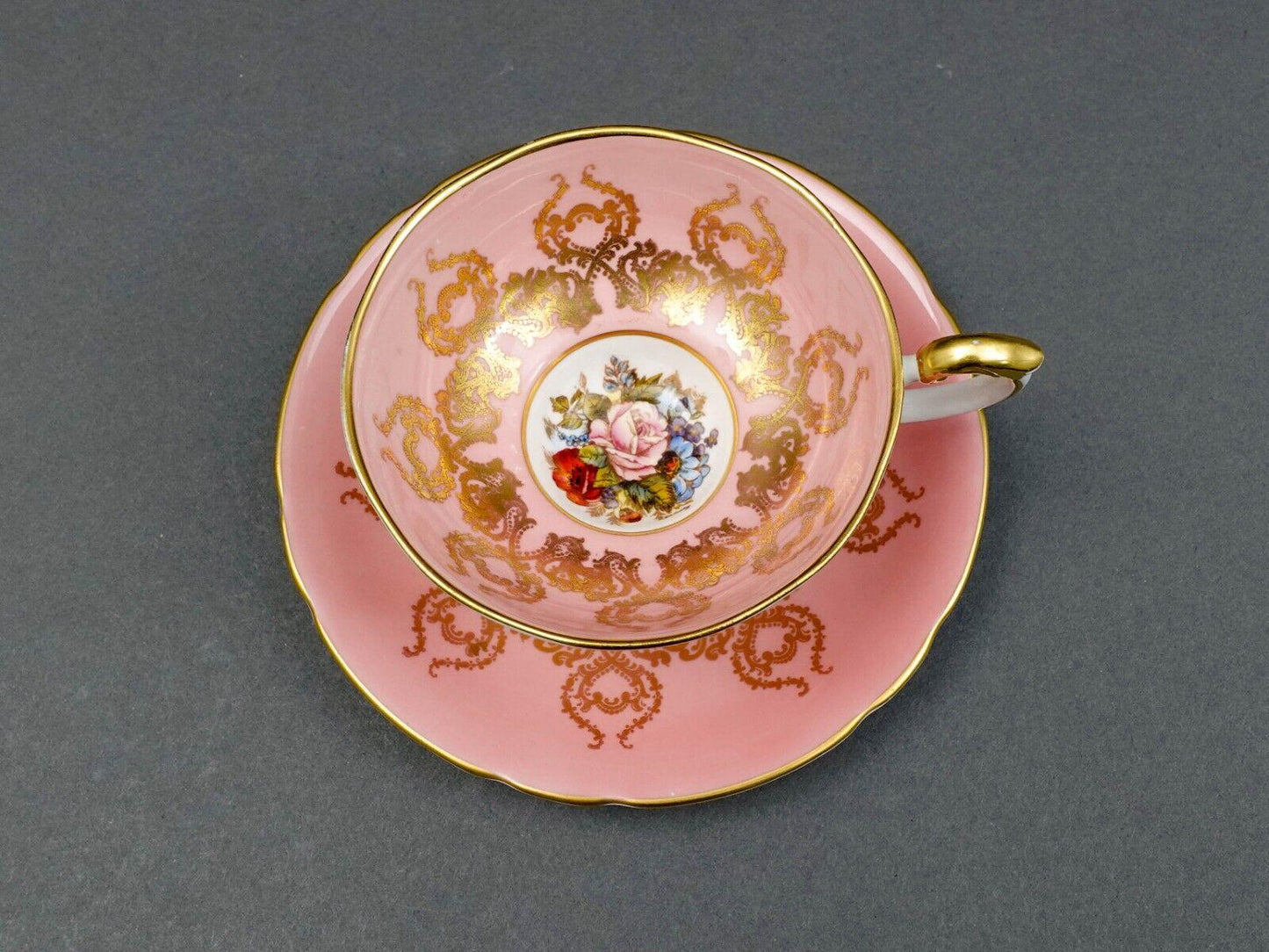 Aynsley England JA Bailey Signed Cabbage Rose Pink Bone China Tea Cup & Saucer