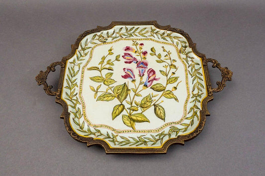 Castilian Vintage Floral Design Porcelain Brass Handles Trim Tray 15" x 11.5"