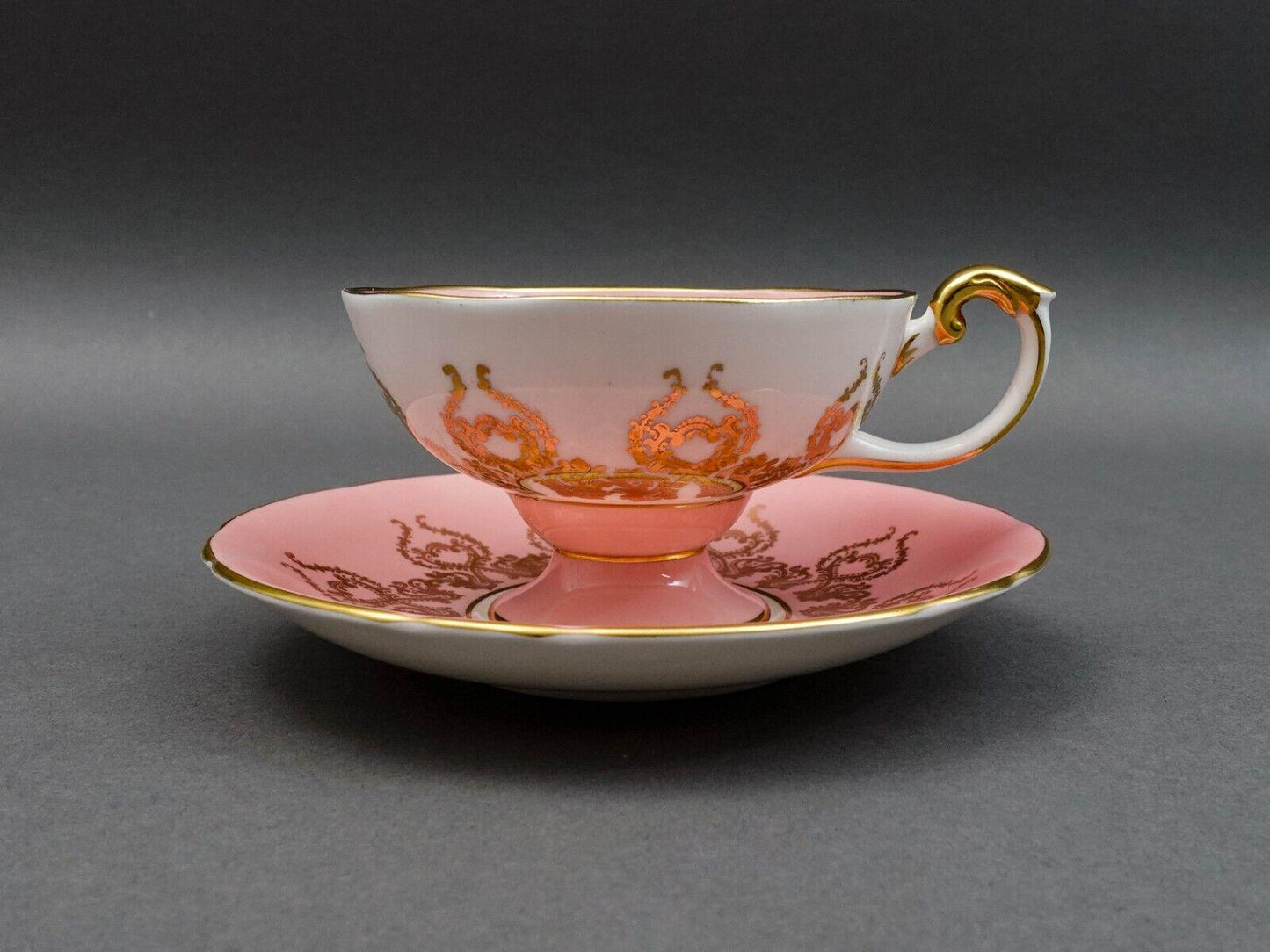 Aynsley England JA Bailey Signed Cabbage Rose Pink Bone China Tea Cup & Saucer