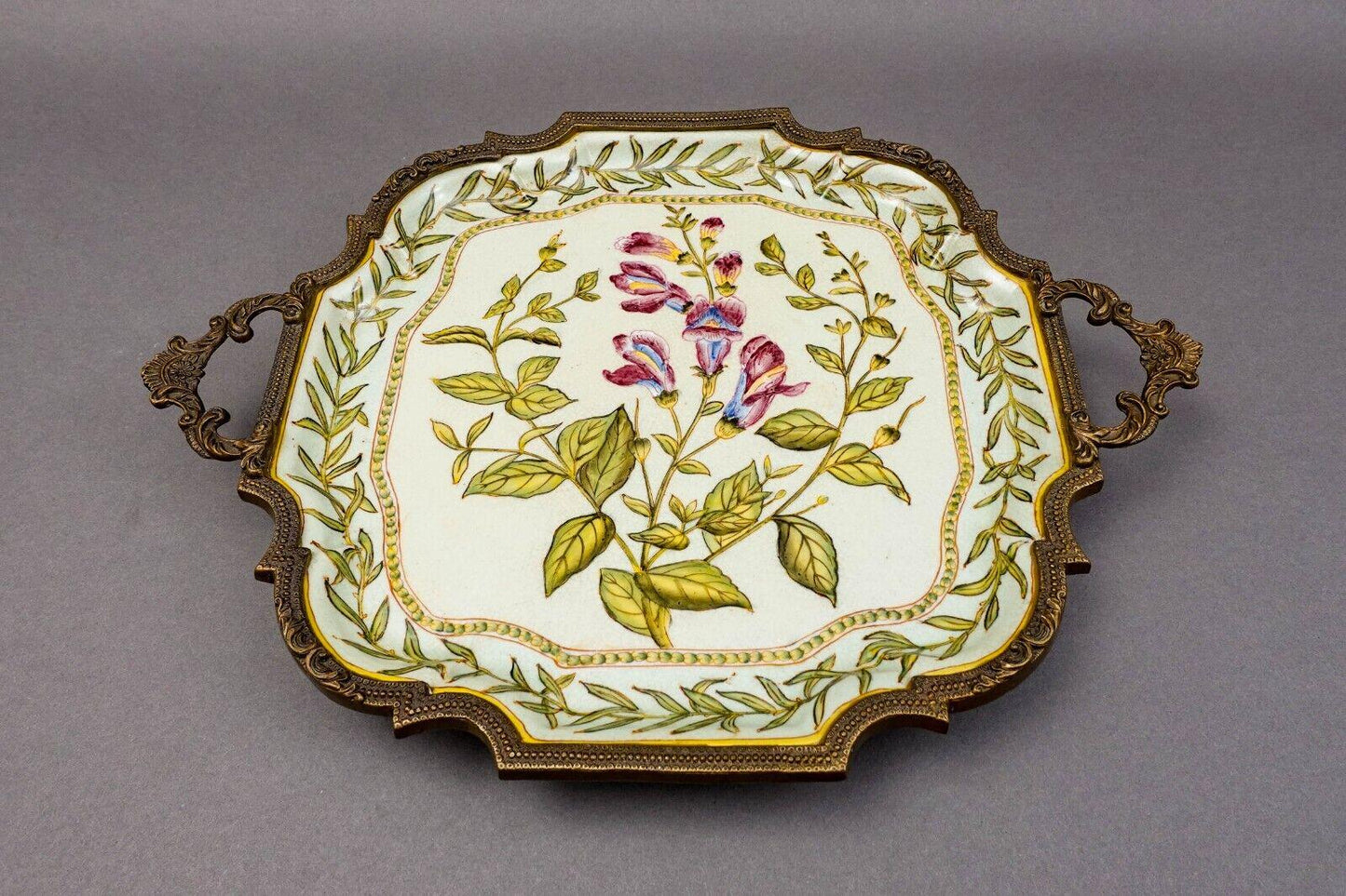 Castilian Vintage Floral Design Porcelain Brass Handles Trim Tray 15" x 11.5"