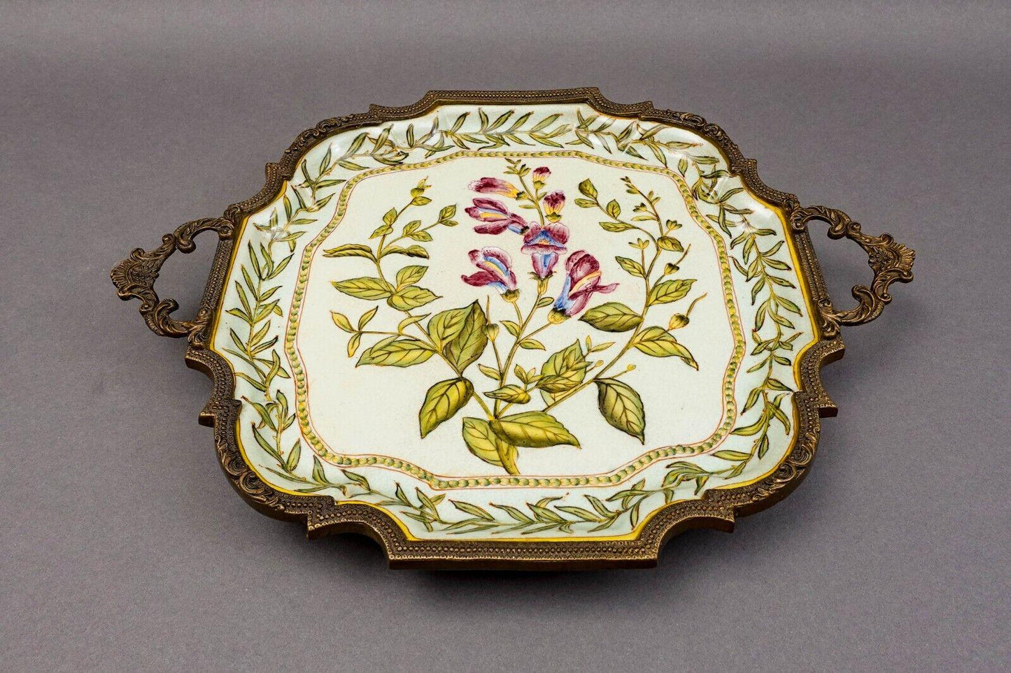 Castilian Vintage Floral Design Porcelain Brass Handles Trim Tray 15" x 11.5"