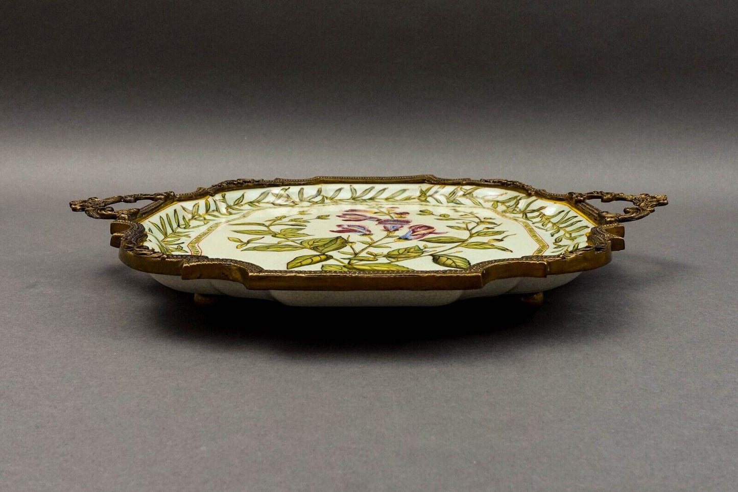 Castilian Vintage Floral Design Porcelain Brass Handles Trim Tray 15" x 11.5"