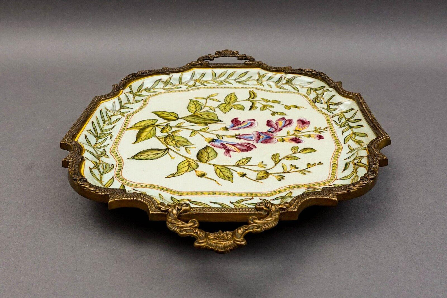Castilian Vintage Floral Design Porcelain Brass Handles Trim Tray 15" x 11.5"