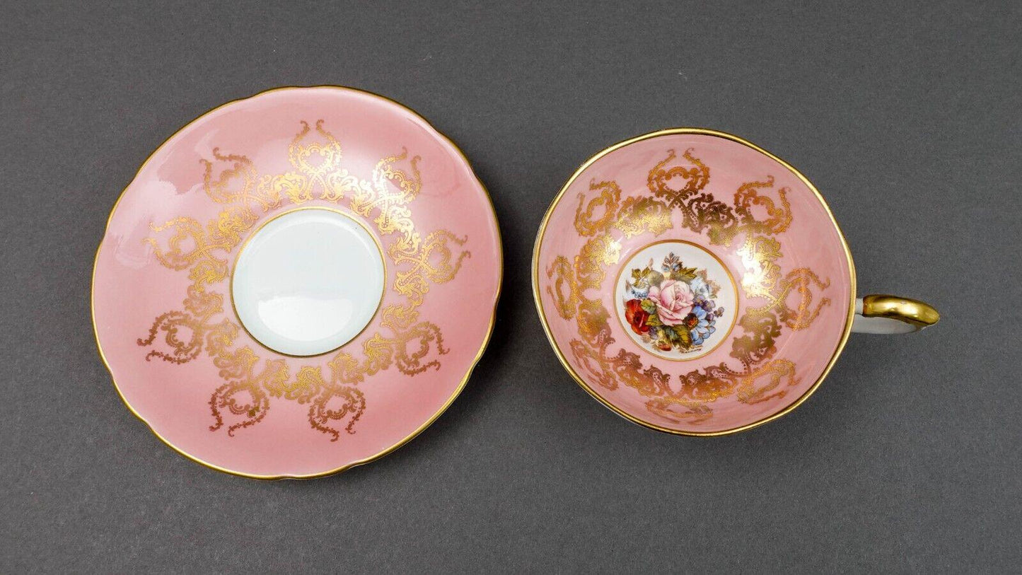 Aynsley England JA Bailey Signed Cabbage Rose Pink Bone China Tea Cup & Saucer