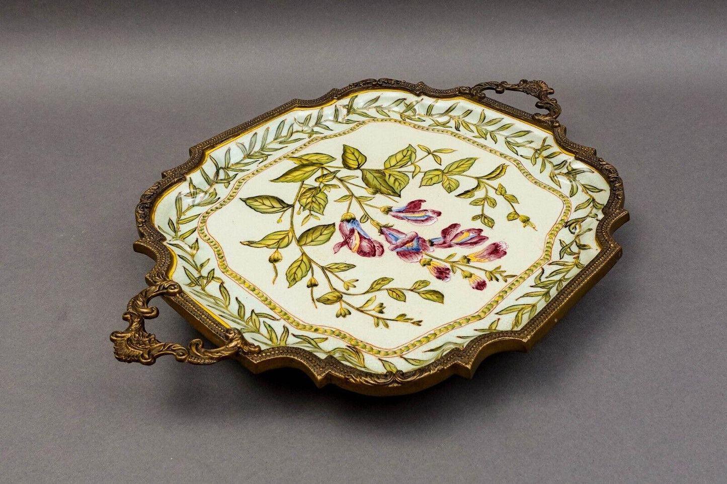 Castilian Vintage Floral Design Porcelain Brass Handles Trim Tray 15" x 11.5"