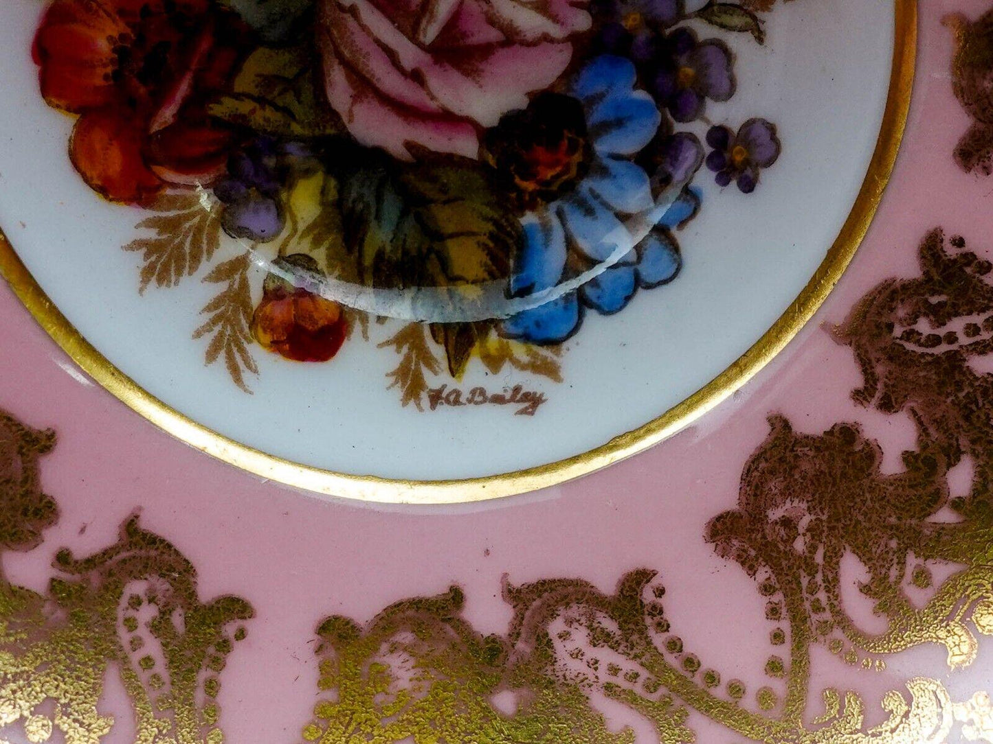 Aynsley England JA Bailey Signed Cabbage Rose Pink Bone China Tea Cup & Saucer