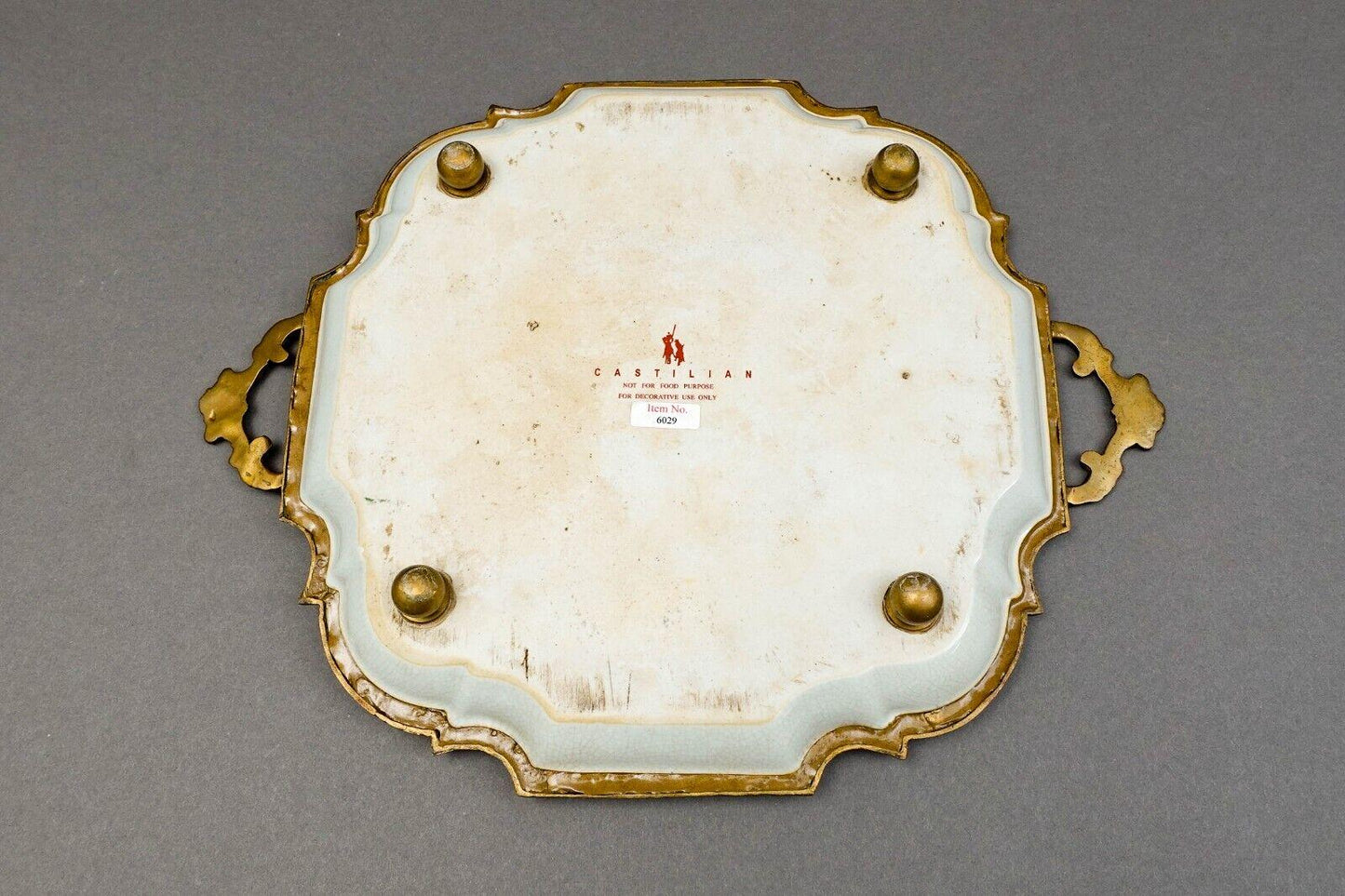 Castilian Vintage Floral Design Porcelain Brass Handles Trim Tray 15" x 11.5"
