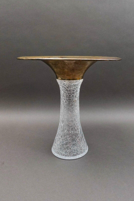 Vetri Murano Italy Signed Flared Sterling Silver Rim Crackle Glass Vase