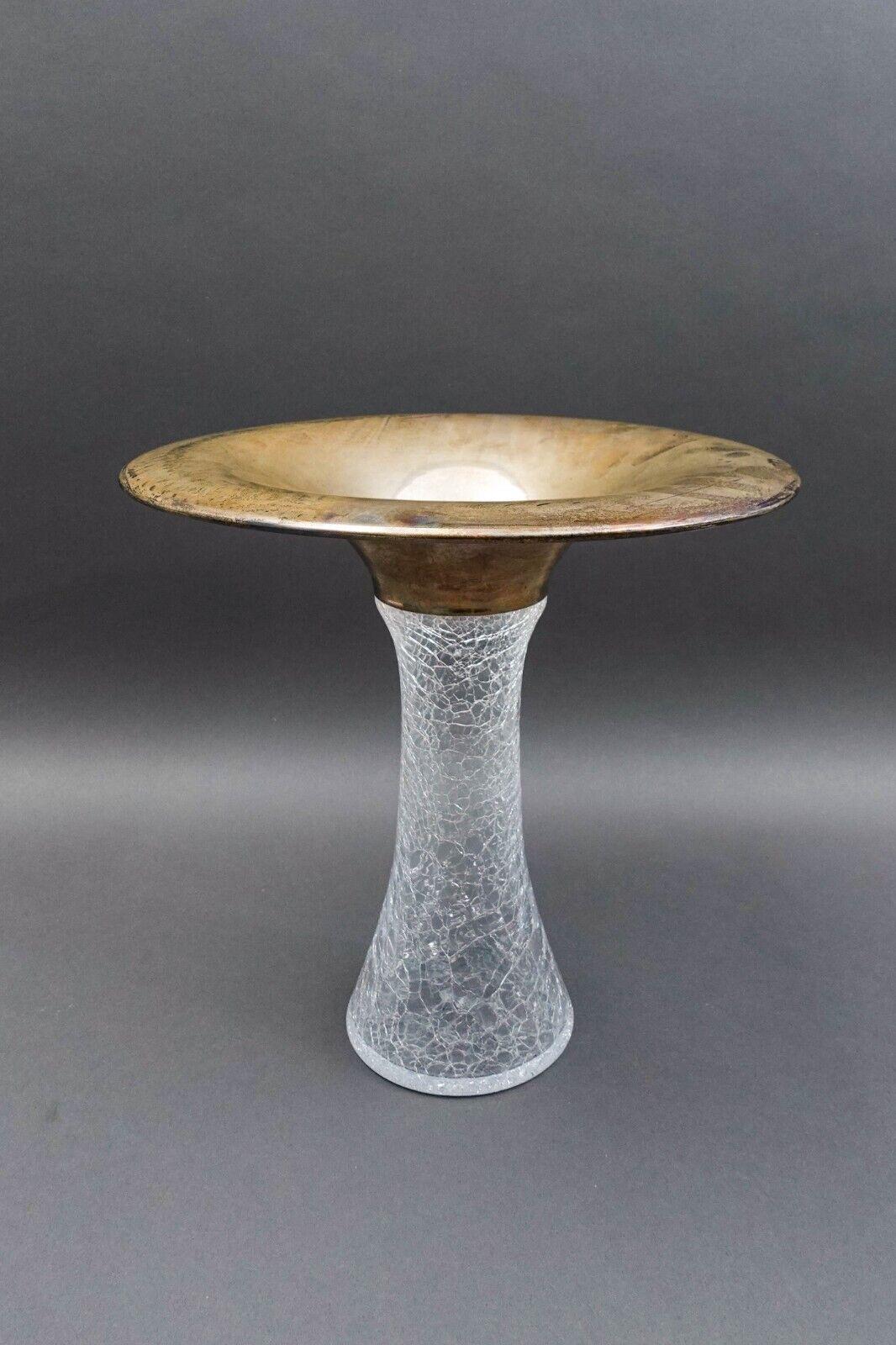 Vetri Murano Italy Signed Flared Sterling Silver Rim Crackle Glass Vase