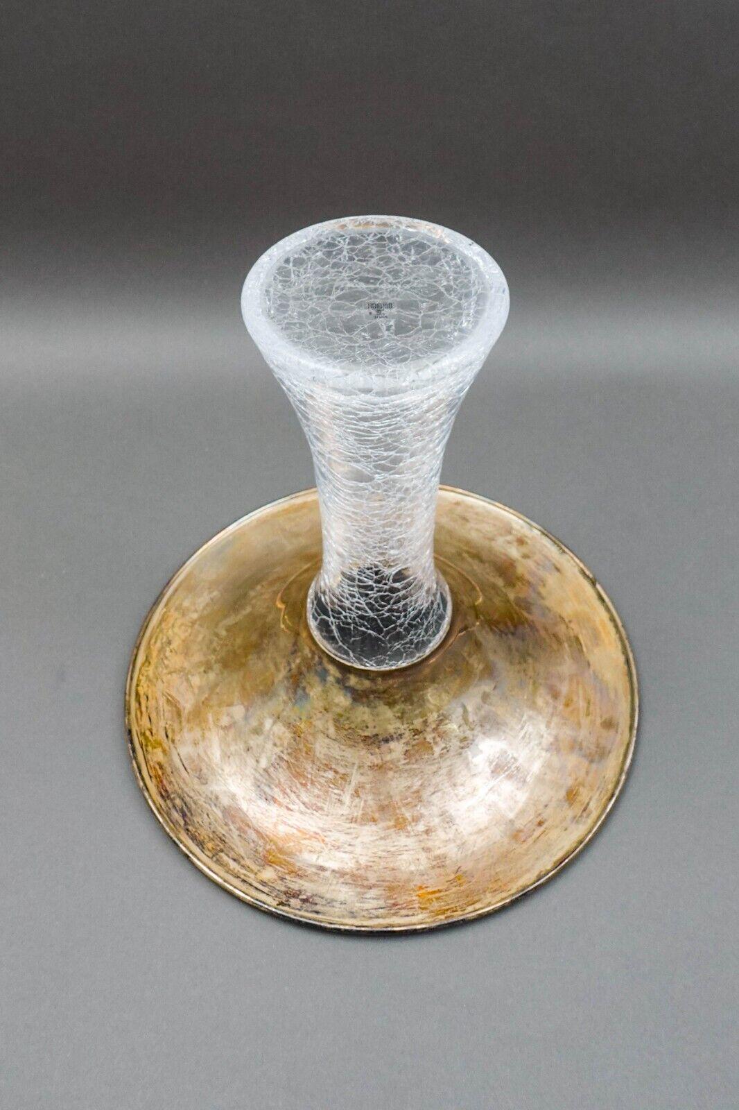 Vetri Murano Italy Signed Flared Sterling Silver Rim Crackle Glass Vase