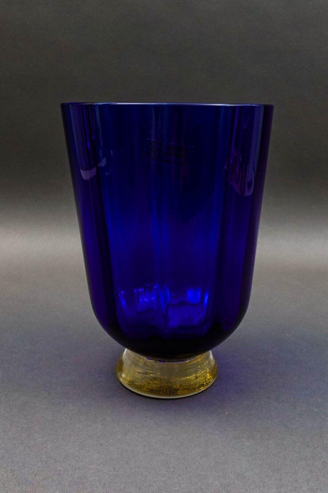 Nason Moretti Signed  Murano Italy  Blue Aventurine Gold Glass Vase 8 3/4"