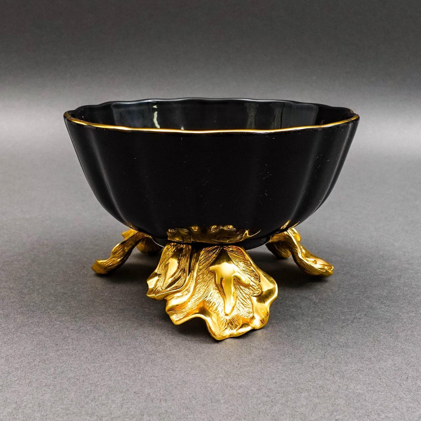 Jay Strongwater Brittany Black Porcelain 18K Gold Embellished Fluted Bowl