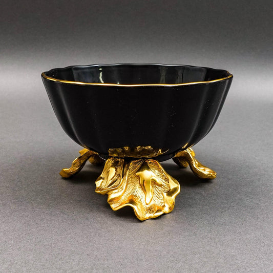 Jay Strongwater Brittany Black Porcelain 18K Gold Embellished Fluted Bowl