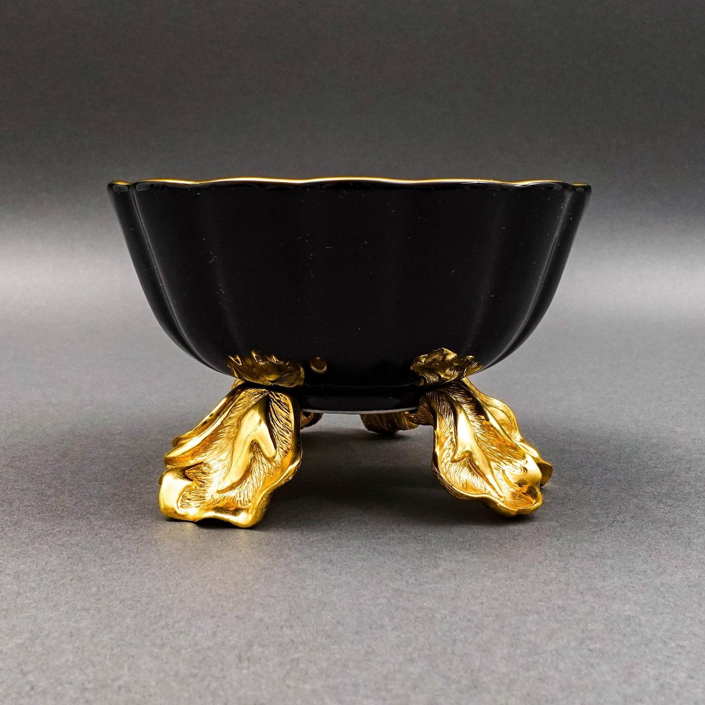 Jay Strongwater Brittany Black Porcelain 18K Gold Embellished Fluted Bowl