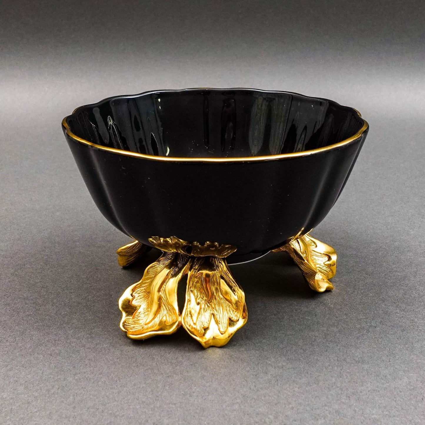 Jay Strongwater Brittany Black Porcelain 18K Gold Embellished Fluted Bowl