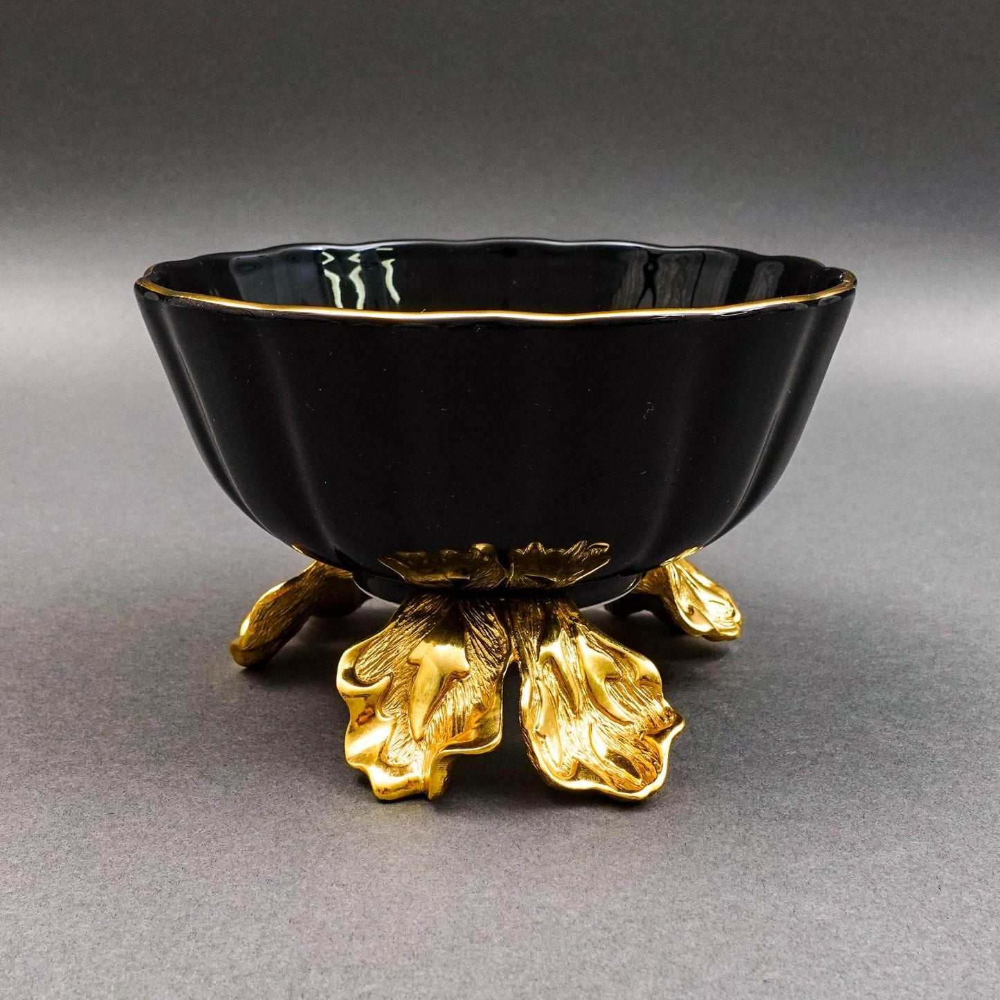 Jay Strongwater Brittany Black Porcelain 18K Gold Embellished Fluted Bowl