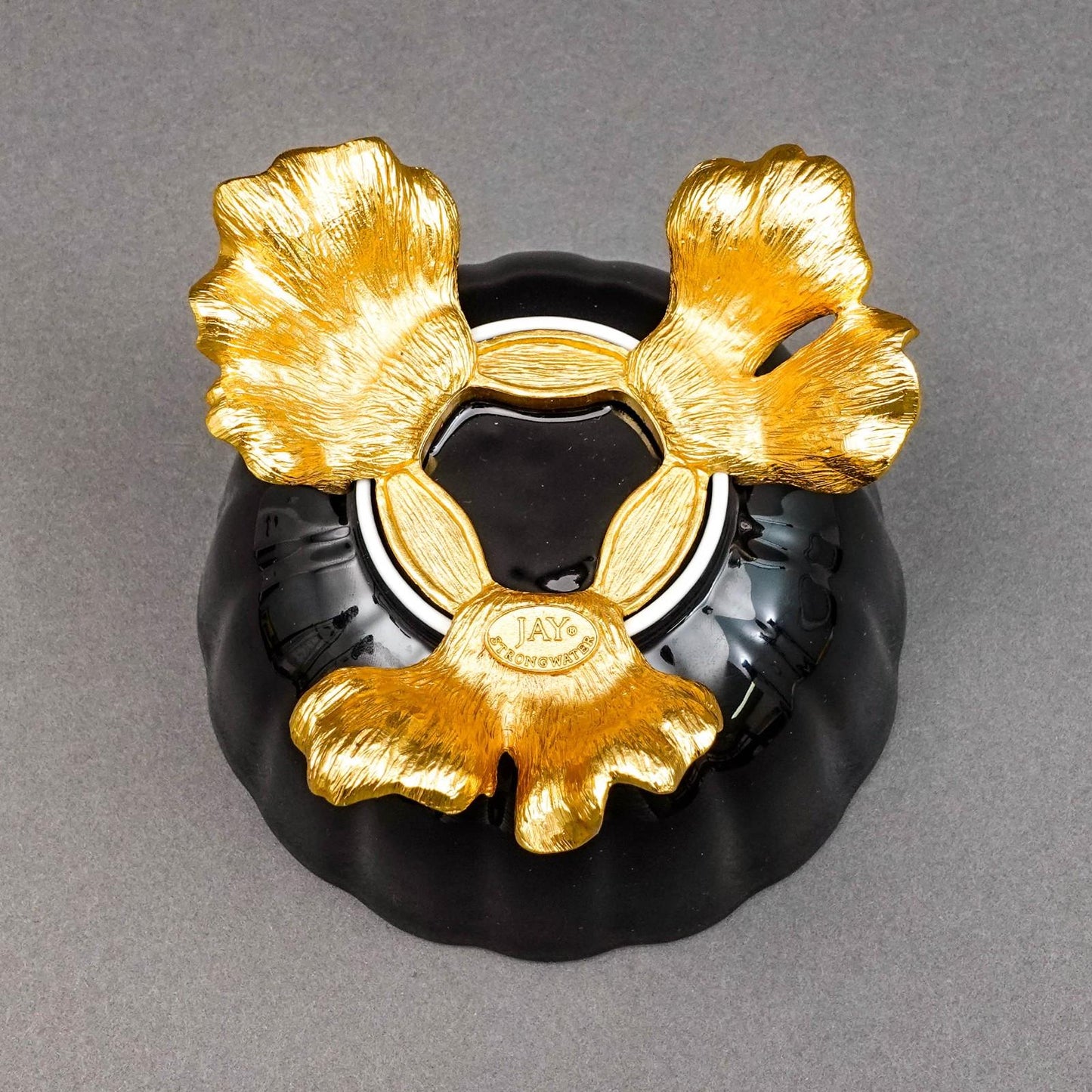 Jay Strongwater Brittany Black Porcelain 18K Gold Embellished Fluted Bowl