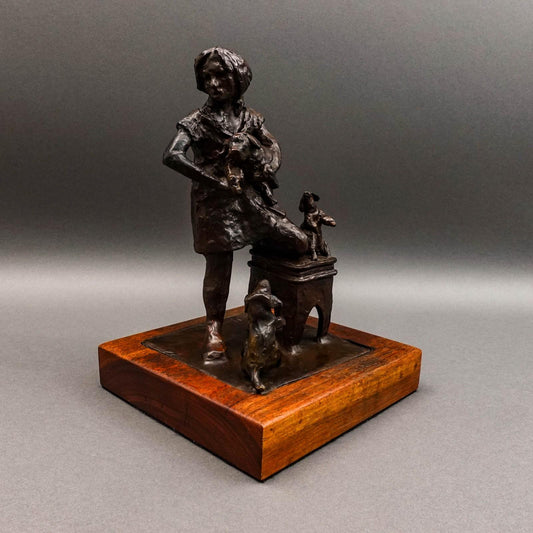 David Spence 2007 Signed Large Girl With Dogs Bronze Sculpture 13 1/4"
