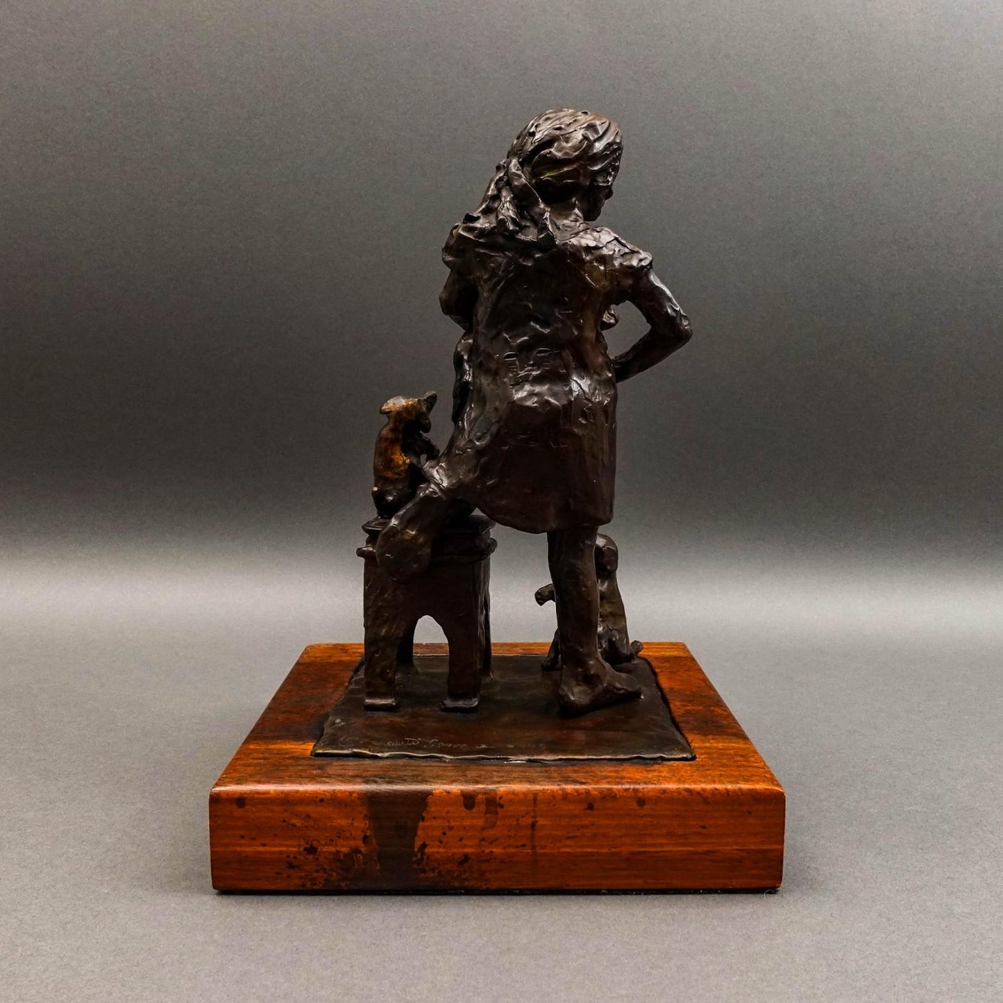 David Spence 2007 Signed Large Girl With Dogs Bronze Sculpture 13 1/4"