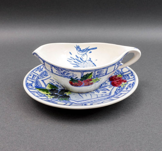 Gien France Oiseau Bleu Birds Fruits Gravy Sauce Boat & Underplate