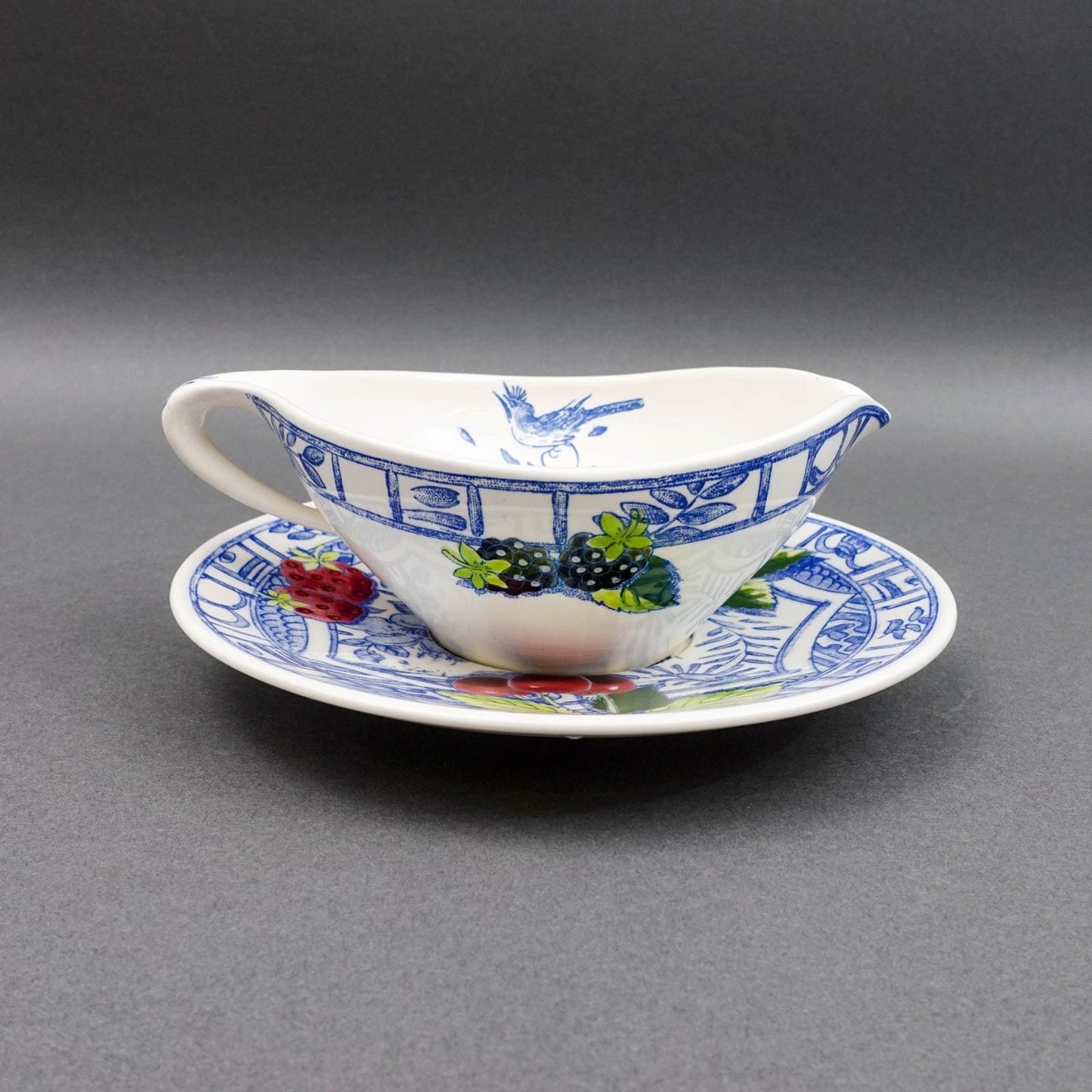 Gien France Oiseau Bleu Birds Fruits Gravy Sauce Boat & Underplate