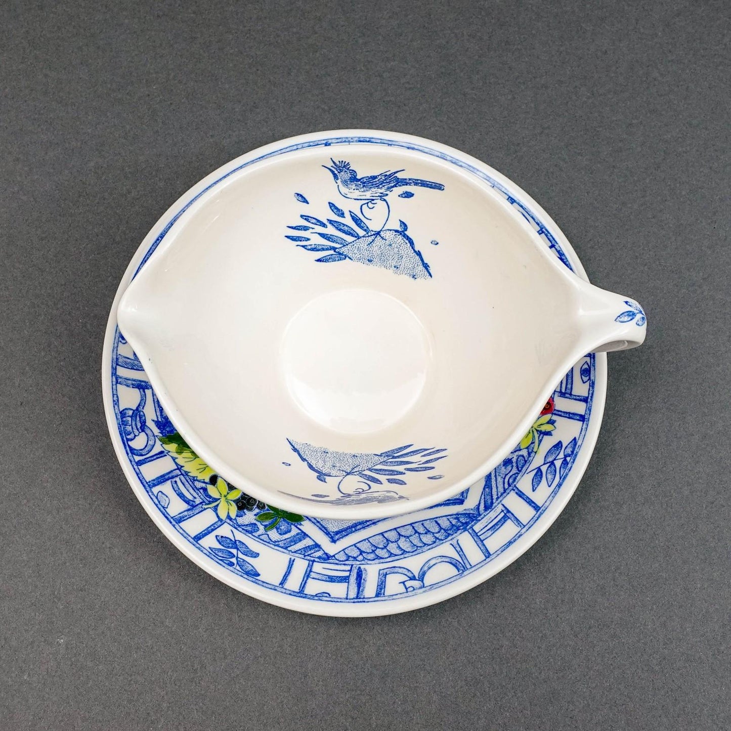 Gien France Oiseau Bleu Birds Fruits Gravy Sauce Boat & Underplate