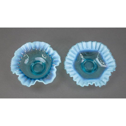 Fenton Blue Opalescent Crimped And Ruffled Art Glass 5.25" Bowls